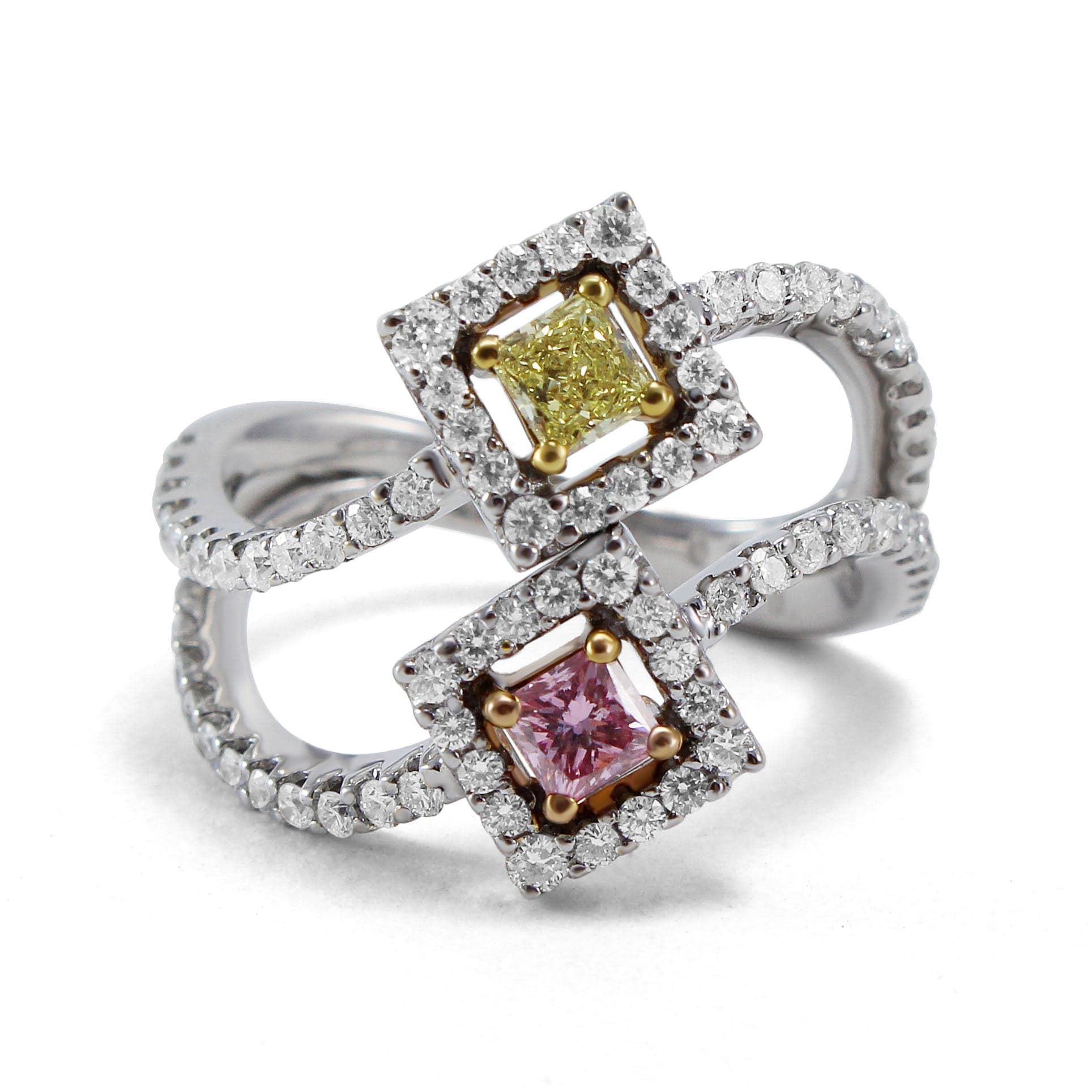 Fancy Intense Pink & Yellow Diamond Crossover Ring