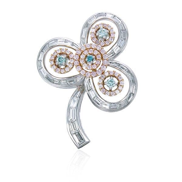 Handmade Platinum 950 & 18K Rose Gold Brooch with Fancy Green & Pink Diamonds