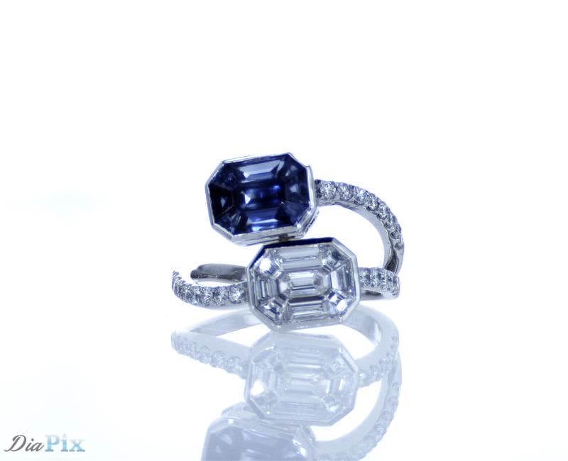 Ring 18kw gold s/w pie cut diamond &pie cut sapphire