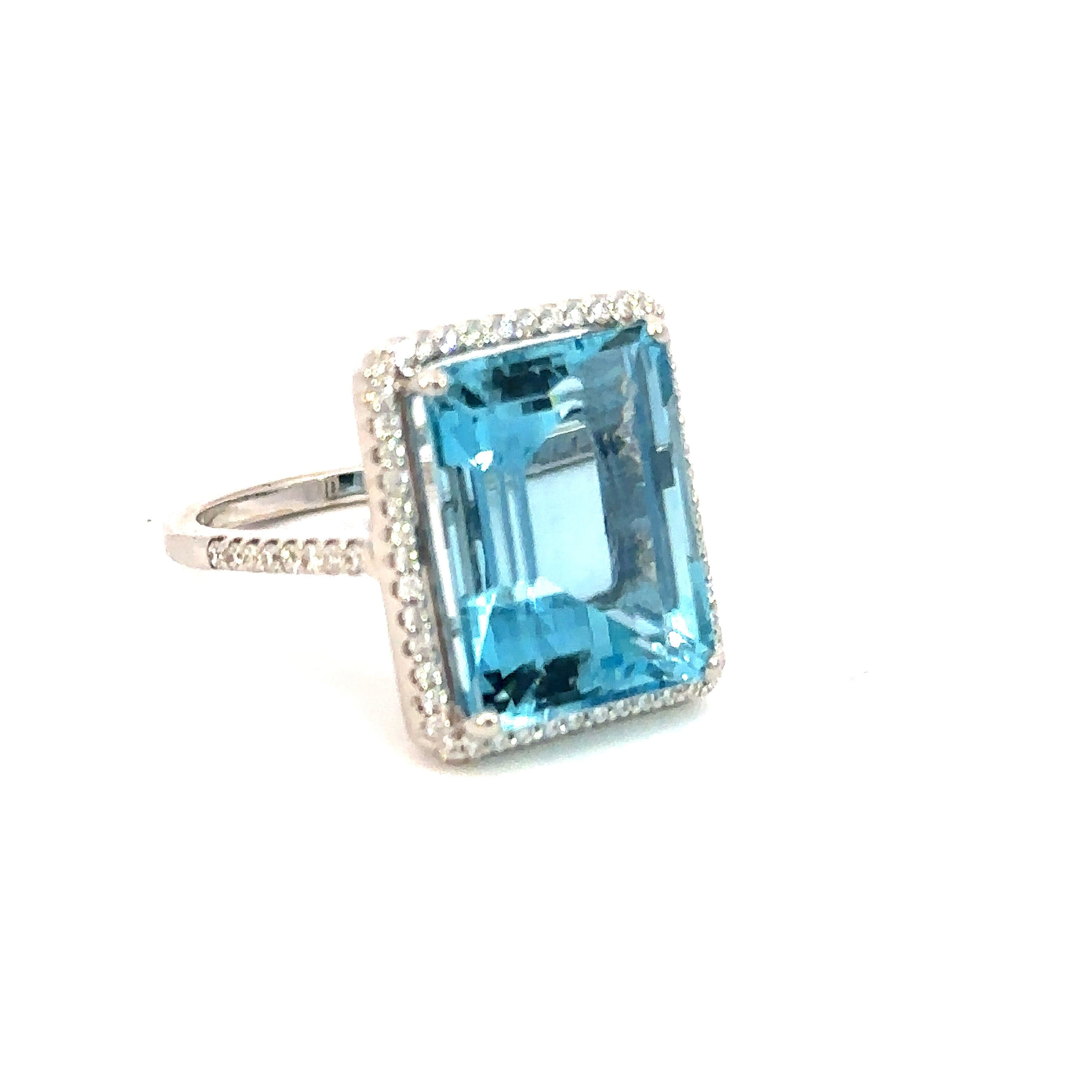 9.88 Carat TW Natural Aquamarine Ring in 18K White Gold Set in a Diamond Halo